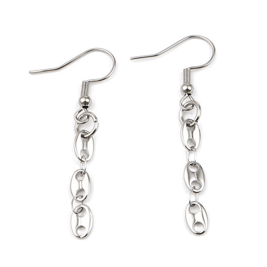 Picture of 304 Stainless Steel Link Chain Earrings Silver Tone Coffee Bean 48mm x 5mm, 1 Pair