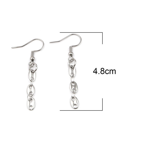 Picture of 304 Stainless Steel Link Chain Earrings Silver Tone Coffee Bean 48mm x 5mm, 1 Pair