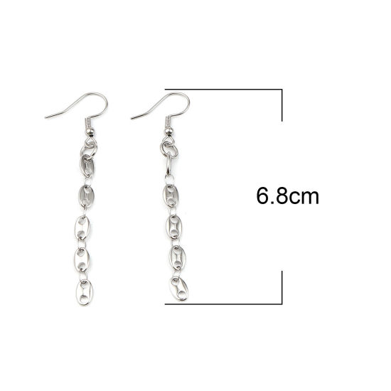 Picture of 304 Stainless Steel Link Chain Earrings Silver Tone Coffee Bean 68mm x 5mm, 1 Pair