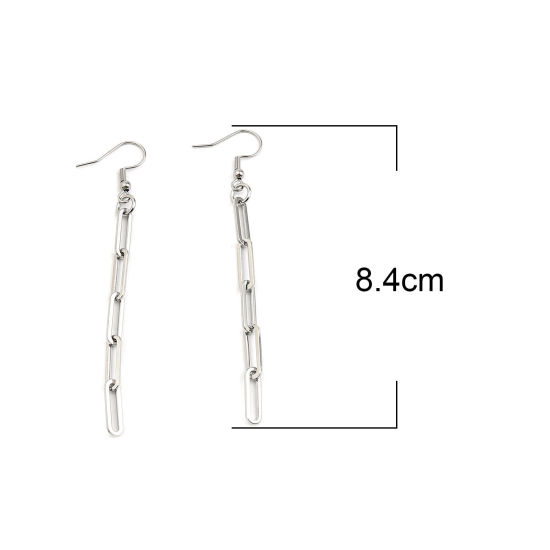 Picture of 304 Stainless Steel Link Chain Earrings Silver Tone Oval 84mm x 4mm, 1 Pair