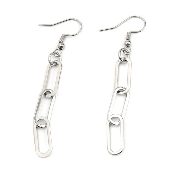 Picture of 304 Stainless Steel Link Chain Earrings Silver Tone Oval 65mm x 7mm, 1 Pair