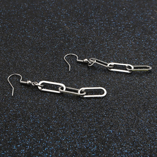 Picture of 304 Stainless Steel Link Chain Earrings Silver Tone Oval 65mm x 7mm, 1 Pair