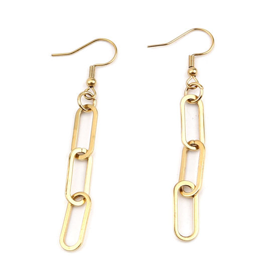 Picture of 304 Stainless Steel Link Chain Earrings Gold Plated Oval 65mm x 7mm, 1 Pair