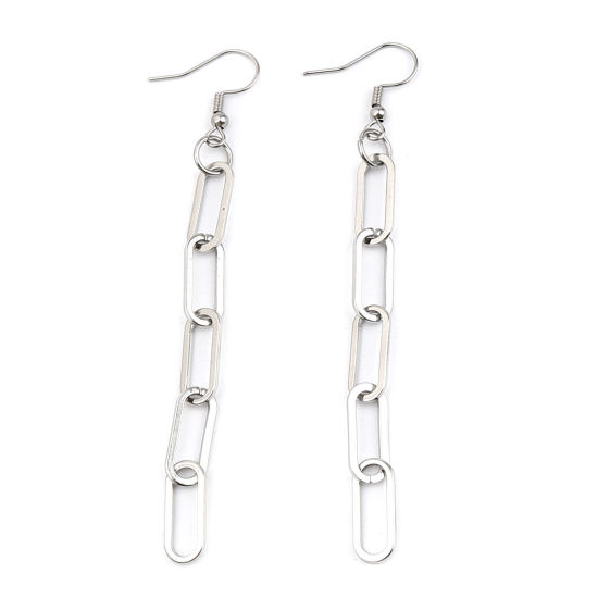 Picture of 304 Stainless Steel Link Chain Earrings Silver Tone Oval 91mm x 7mm, 1 Pair