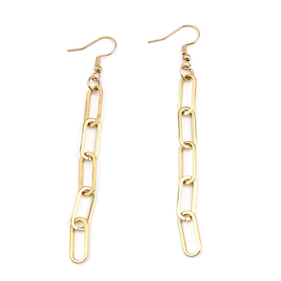 Picture of 304 Stainless Steel Link Chain Earrings Gold Plated Oval 91mm x 7mm, 1 Pair