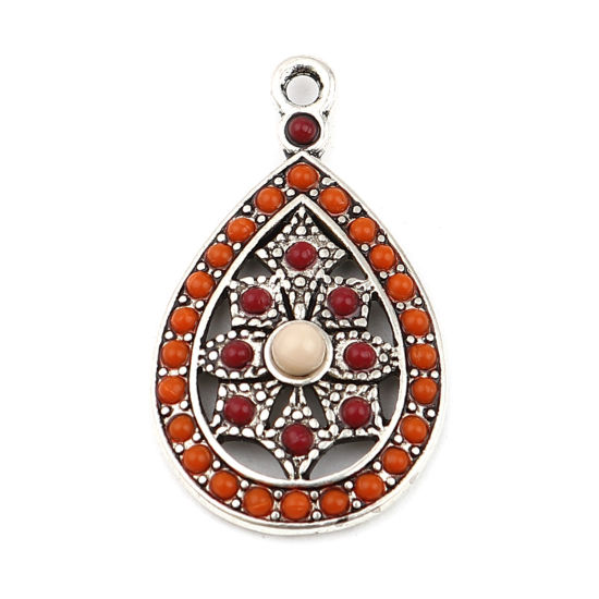 Bild von Zinklegierung Böhmischer Stil Charms Tropfen Antiksilber Rot Orange Strass 29mm x 17mm, 5 Stück