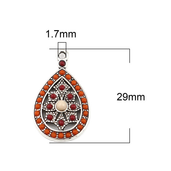 Bild von Zinklegierung Böhmischer Stil Charms Tropfen Antiksilber Rot Orange Strass 29mm x 17mm, 5 Stück