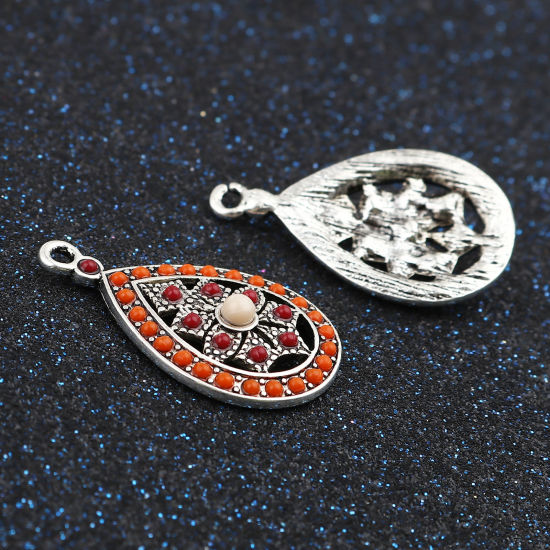 Bild von Zinklegierung Böhmischer Stil Charms Tropfen Antiksilber Rot Orange Strass 29mm x 17mm, 5 Stück