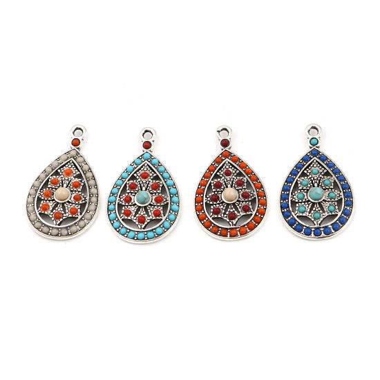 Bild von Zinklegierung Böhmischer Stil Charms Tropfen Antiksilber Rot Orange Strass 29mm x 17mm, 5 Stück