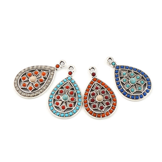 Bild von Zinklegierung Böhmischer Stil Charms Tropfen Antiksilber Rot Orange Strass 29mm x 17mm, 5 Stück
