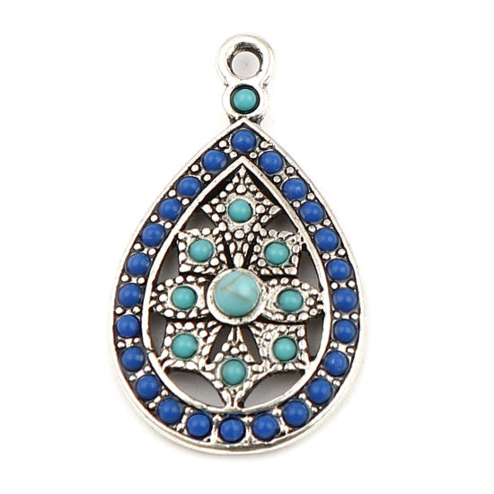 Bild von Zinklegierung Böhmischer Stil Charms Tropfen Antiksilber Blau Saphirblau Strass 29mm x 17mm, 5 Stück