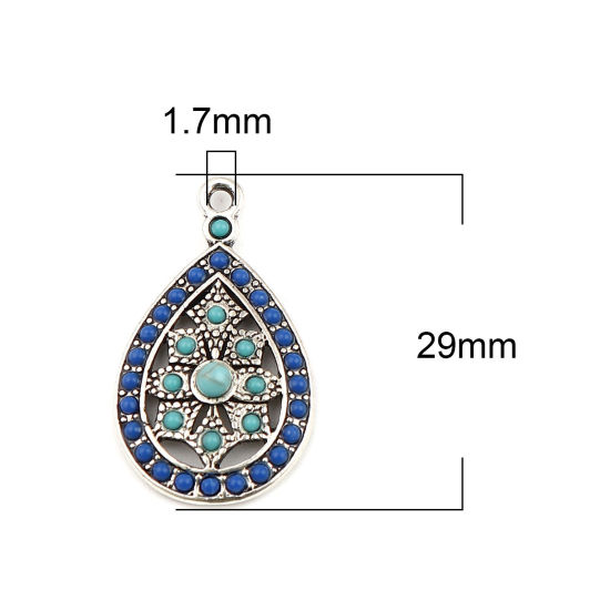 Bild von Zinklegierung Böhmischer Stil Charms Tropfen Antiksilber Blau Saphirblau Strass 29mm x 17mm, 5 Stück