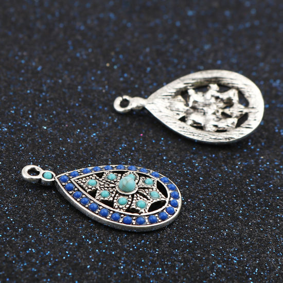 Bild von Zinklegierung Böhmischer Stil Charms Tropfen Antiksilber Blau Saphirblau Strass 29mm x 17mm, 5 Stück