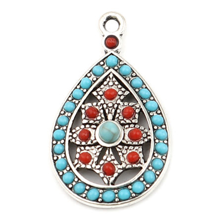 Bild von Zinklegierung Böhmischer Stil Charms Tropfen Antiksilber Rot Saphir Strass 29mm x 17mm, 5 Stück