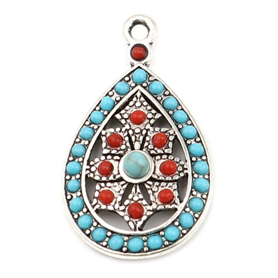 Bild von Zinklegierung Böhmischer Stil Charms Tropfen Antiksilber Rot Saphir Strass 29mm x 17mm, 5 Stück
