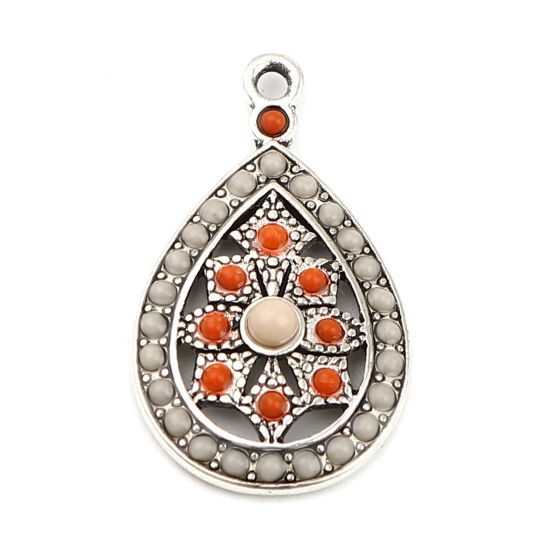 Bild von Zinklegierung Böhmischer Stil Charms Tropfen Antiksilber Orange Grauweiß Strass 29mm x 17mm, 5 Stück