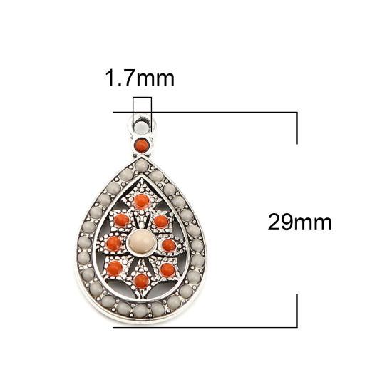 Bild von Zinklegierung Böhmischer Stil Charms Tropfen Antiksilber Orange Grauweiß Strass 29mm x 17mm, 5 Stück
