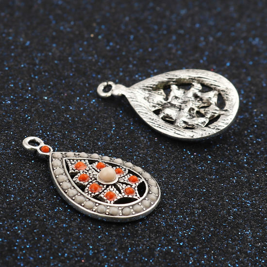 Bild von Zinklegierung Böhmischer Stil Charms Tropfen Antiksilber Orange Grauweiß Strass 29mm x 17mm, 5 Stück