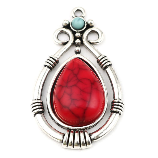 Picture of Zinc Based Alloy & Acrylic Boho Chic Bohemia Pendants Drop Antique Silver Color Red Imitation Turquoise 38mm x 22mm, 5 PCs