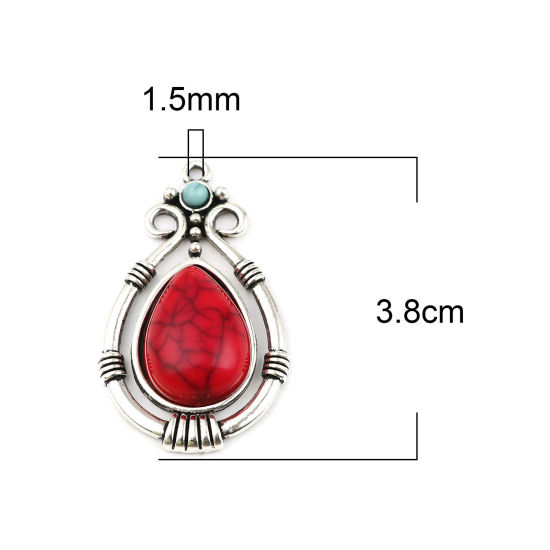 Picture of Zinc Based Alloy & Acrylic Boho Chic Bohemia Pendants Drop Antique Silver Color Red Imitation Turquoise 38mm x 22mm, 5 PCs