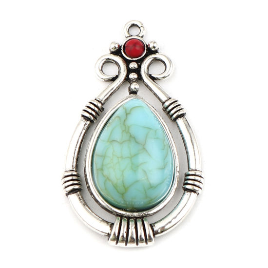 Picture of Zinc Based Alloy & Acrylic Boho Chic Bohemia Pendants Drop Antique Silver Color Blue Imitation Turquoise 38mm x 22mm, 5 PCs