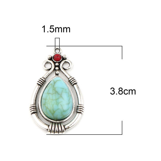 Picture of Zinc Based Alloy & Acrylic Boho Chic Bohemia Pendants Drop Antique Silver Color Blue Imitation Turquoise 38mm x 22mm, 5 PCs