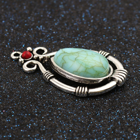 Picture of Zinc Based Alloy & Acrylic Boho Chic Bohemia Pendants Drop Antique Silver Color Blue Imitation Turquoise 38mm x 22mm, 5 PCs