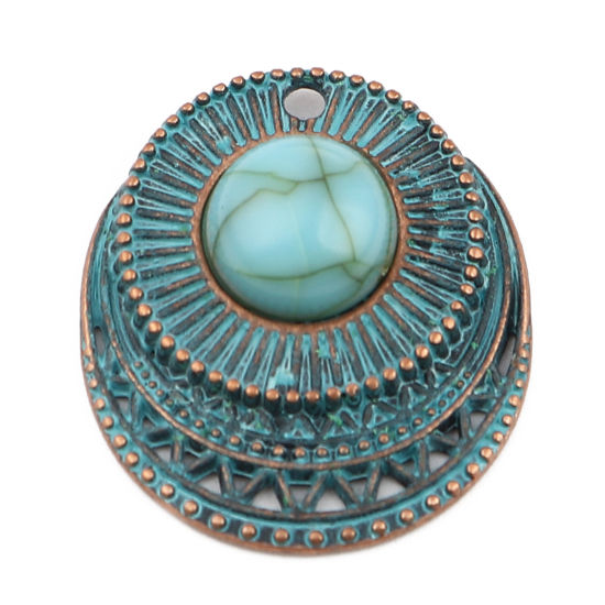 Picture of Zinc Based Alloy Patina Charms Round Disc Antique Copper Blue Imitation Turquoise 26mm x 23mm, 5 PCs