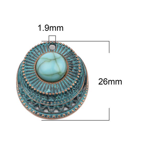 Picture of Zinc Based Alloy Patina Charms Round Disc Antique Copper Blue Imitation Turquoise 26mm x 23mm, 5 PCs