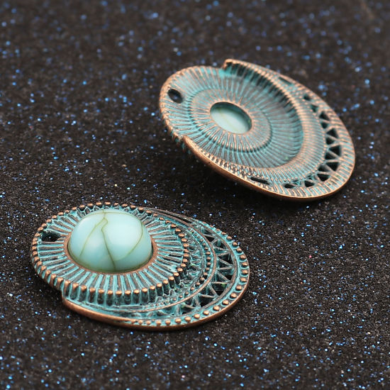 Picture of Zinc Based Alloy Patina Charms Round Antique Copper Blue Imitation Turquoise 26mm x 23mm, 5 PCs