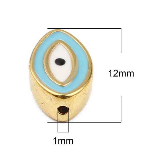 Picture of Zinc Based Alloy Religious Spacer Beads Marquise Gold Plated Blue Evil Eye Enamel About 12mm x 8mm, Hole: Approx 1mm, 10 PCs