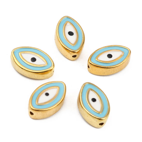 Picture of Zinc Based Alloy Religious Spacer Beads Marquise Gold Plated Blue Evil Eye Enamel About 12mm x 8mm, Hole: Approx 1mm, 10 PCs