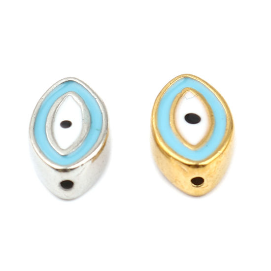 Picture of Zinc Based Alloy Religious Spacer Beads Marquise Gold Plated Blue Evil Eye Enamel About 12mm x 8mm, Hole: Approx 1mm, 10 PCs
