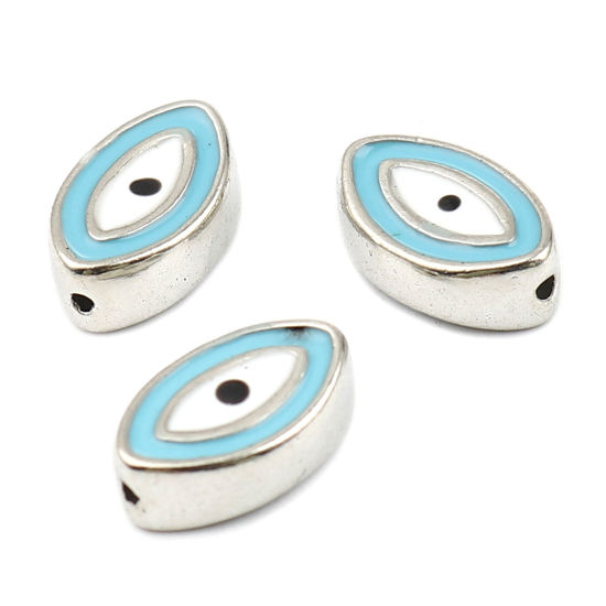 Picture of Zinc Based Alloy Religious Spacer Beads Marquise Silver Tone Blue Evil Eye Enamel About 12mm x 8mm, Hole: Approx 1mm, 10 PCs