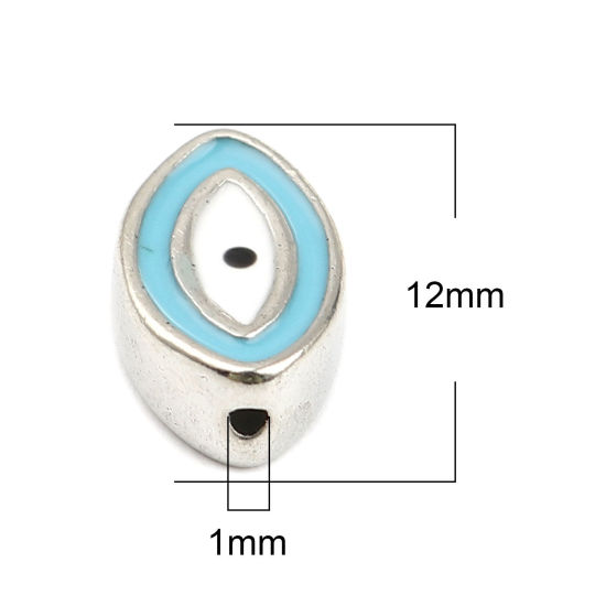 Picture of Zinc Based Alloy Religious Spacer Beads Marquise Silver Tone Blue Evil Eye Enamel About 12mm x 8mm, Hole: Approx 1mm, 10 PCs