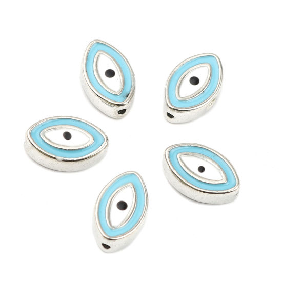 Picture of Zinc Based Alloy Religious Spacer Beads Marquise Silver Tone Blue Evil Eye Enamel About 12mm x 8mm, Hole: Approx 1mm, 10 PCs