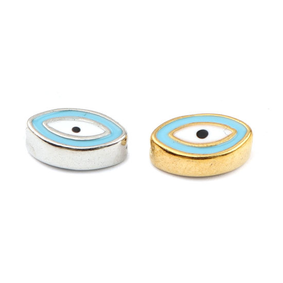 Picture of Zinc Based Alloy Religious Spacer Beads Marquise Silver Tone Blue Evil Eye Enamel About 12mm x 8mm, Hole: Approx 1mm, 10 PCs