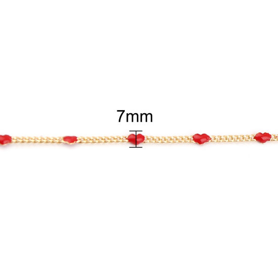 Picture of Brass Enamel Link Curb Chain Findings Heart Gold Plated Red 7x2mm, 1 M                                                                                                                                                                                        