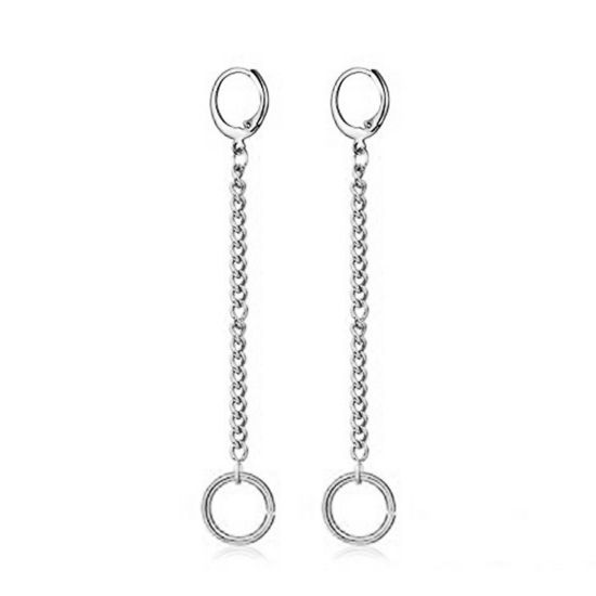 Picture of Stainless Steel Link Chain Hoop Earrings Silver Tone Circle Ring 10.5cm, 1 Pair