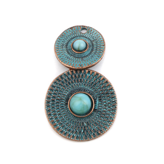 Picture of Zinc Based Alloy & Acrylic Patina Pendants Round Disc Antique Copper Blue Imitation Turquoise 43mm x 26mm, 5 PCs