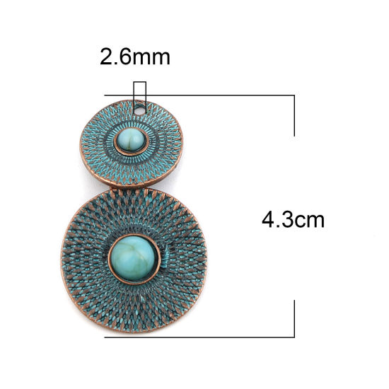 Picture of Zinc Based Alloy & Acrylic Patina Pendants Round Antique Copper Blue Imitation Turquoise 43mm x 26mm, 5 PCs