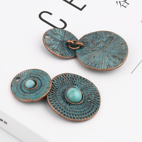 Picture of Zinc Based Alloy & Acrylic Patina Pendants Round Antique Copper Blue Imitation Turquoise 43mm x 26mm, 5 PCs