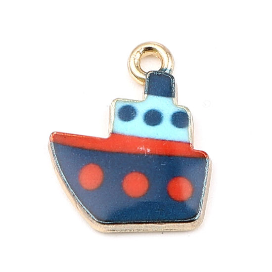 Picture of Zinc Based Alloy Charms Boat Dark Blue Enamel 19mm x 15mm, 10 PCs