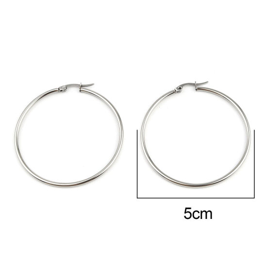 Picture of Stainless Steel Hoop Earrings Silver Tone Circle Ring 50mm Dia., Post/ Wire Size: (19 gauge), 5 Pairs