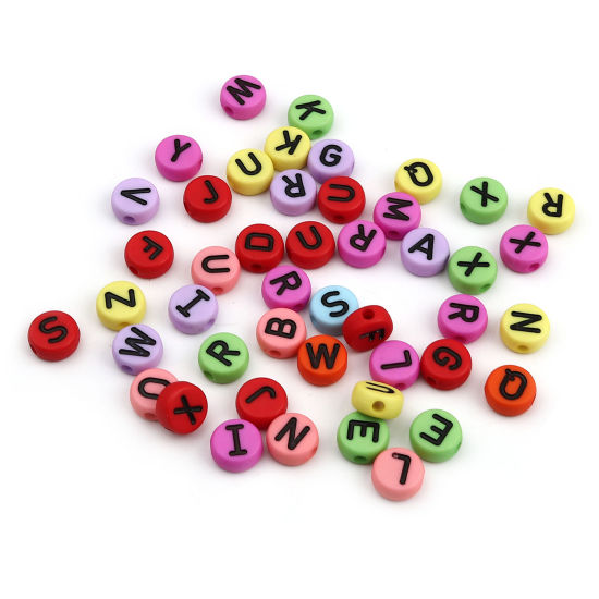 Picture of Acrylic Beads Flat Round At Random Color Mixed Initial Alphabet/ Capital Letter Pattern Enamel About 10mm Dia., Hole: Approx 2.2mm, 200 PCs