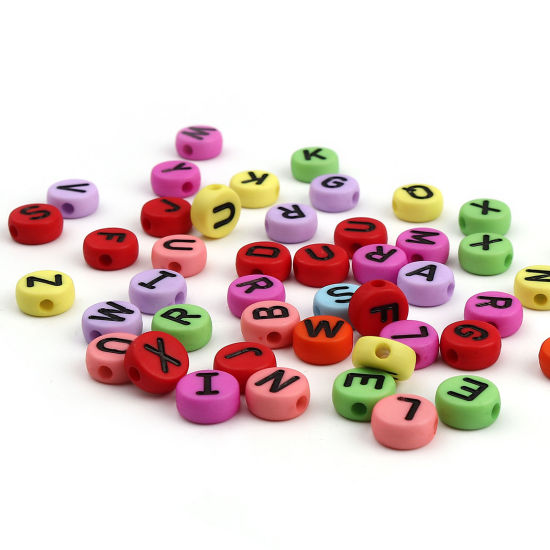 Picture of Acrylic Beads Flat Round At Random Color Mixed Initial Alphabet/ Capital Letter Pattern Enamel About 10mm Dia., Hole: Approx 2.2mm, 200 PCs