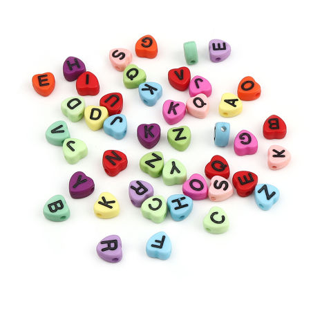 Acrylic Beads Heart At Random Color Mixed Initial Alphabet/ Capital Letter Pattern Enamel About 7mm x 7mm, Hole: Approx 1.5mm, 300 PCs