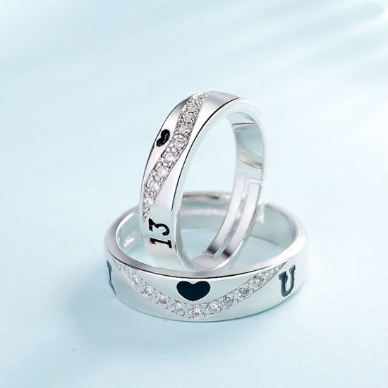 Picture of Brass Distance Open Adjustable Women Rings Platinum Color Enamel Circle Ring Heart Clear Rhinestone 1 Piece                                                                                                                                                   