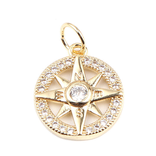 Bild von Messing Galaxis Charms Rund 18K Vergoldet Stern Micro Pave Transparent Strass 19mm x 13mm, 2 Stück