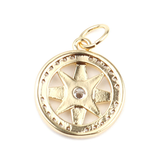 Bild von Messing Galaxis Charms Rund 18K Vergoldet Stern Micro Pave Transparent Strass 19mm x 13mm, 2 Stück